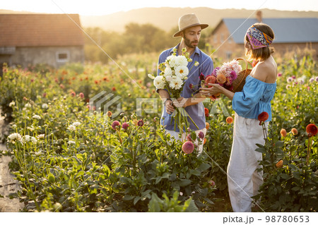 Man and woman pick up flowers at farm outdoors Man and woman pick up flowers at farm outdoors 98780653