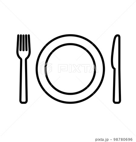 Food icon in flat. Plate, fork and knife symbol 98780696