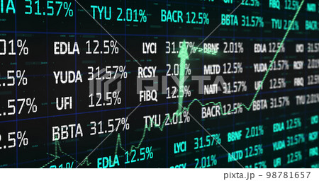 Image of stock market with graph and arrows on black background Image of stock market with graph and arrows on black background 98781657