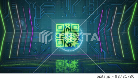 Image of qr code over circles with arrows against circuit board pattern and globe Image of qr code over circles with arrows against circuit board pattern and globe 98781730