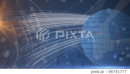 Image of icons floating over globe and binary codeのイラスト素材 [98781777 ...