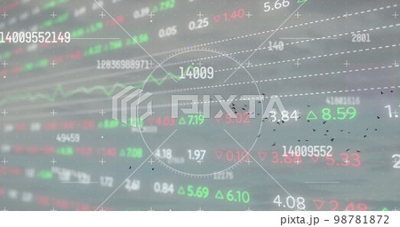 Multiple changing numbers and scope over stock market data processing against grey background Multiple changing numbers and scope over stock market data processing against grey background 98781872