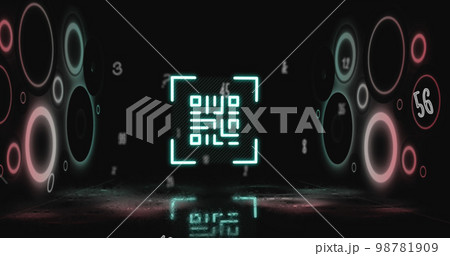 Digital image of glowing qr code against rows of using laptop qr code on black background Digital image of glowing qr code against rows of using laptop qr code on black background 98781909