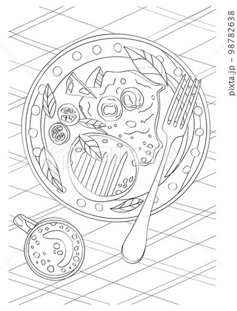 A plate of food and a cup. Vector antistress coloring book. A plate of food and a cup. Vector antistress coloring book. 98782638