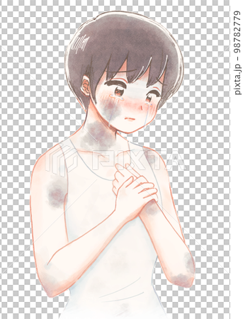 手寫的水彩風格插圖，一個因身體虐待而受傷的孩子的插圖 98782779