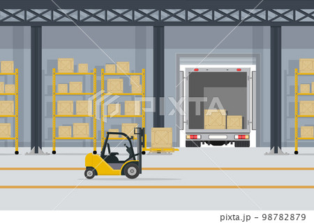 large warehouse with shelves and boxes for goods and parcels by yellow forklift and truck large warehouse with shelves and boxes for goods and parcels by yellow forklift and truck 98782879