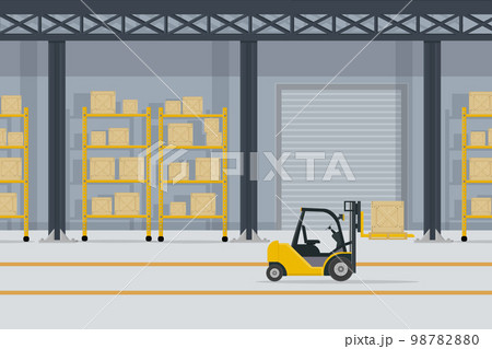 large warehouse with shelves and boxes for goods and parcels by forklift yellow 98782880