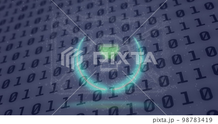 Image of neon circle with hourglass over binary code on digital screen Image of neon circle with hourglass over binary code on digital screen 98783419