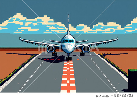 Airplane on runway travel transportation pixel art style graphic background 98783702