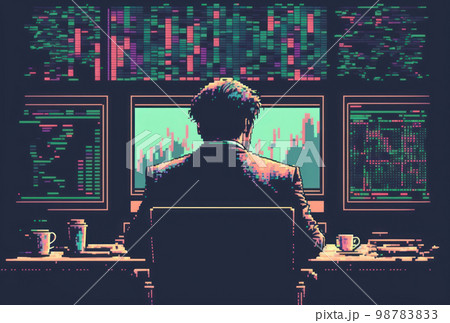 Businessman looking at computer monitors to trade stock financial analysis pixel art style graphic Businessman looking at computer monitors to trade stock financial analysis pixel art style graphic 98783833