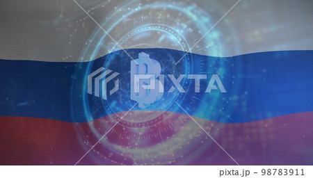 Composite of bitcoin cryptocurrency sign, scope and flag of russia 98783911