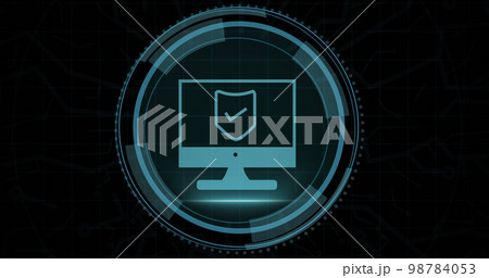 Composition of online security shield icon on black background Composition of online security shield icon on black background 98784053