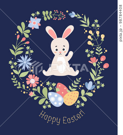 Cute Easter bunny with flowers and easter eggs. Holiday poster Happy Easter. Vector illustration in flat style with cartoon rabbit for greeting cards, design, decor and print. Cute Easter bunny with flowers and easter eggs. Holiday poster Happy Easter. Vector illustration in flat style with cartoon rabbit for greeting cards, design, decor and print. 98784408