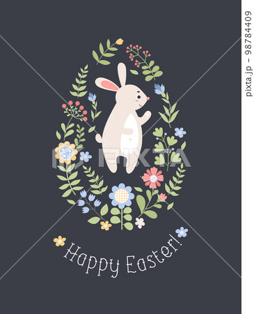 Easter egg with cute bunny and spring flowers. Holiday vertical card Happy Easter. Vector illustration in flat style with cartoon rabbit for kids collection, greeting cards, design, decor and print. 98784409