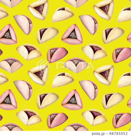Purim watercolor seamless pattern with traditional Hamantaschen cookies on bright neon yellow background 98785052
