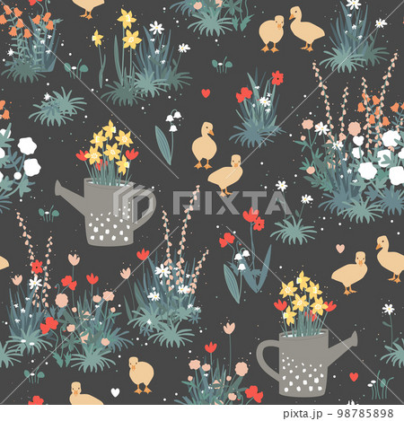 Cute gosling in a Spring garden seamless pattern. Baby geese and first flowers cute background. Vector illustration. 98785898