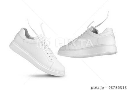 Fly White sneakers and floating ropes. Isolated on a white background Fly White sneakers and floating ropes. Isolated on a white background 98786318
