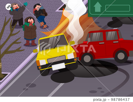a day in winter with cold wave, frozen road and accidents 98786437