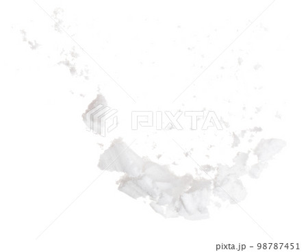 Photo image of falling down snow, heavy big small size snows. Freeze shot on white background isolated overlay. Fluffy White snowflakes splash cloud in mid air. Real Snow high speed shutter 98787451