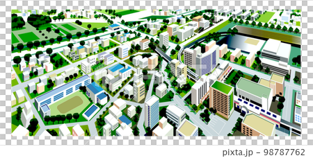 A beautiful spring cityscape and scenery of life with cherry blossoms. Urban development that blends nature and houses where people can live brightly. 98787762