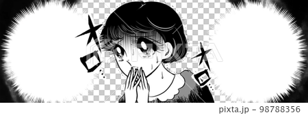 昭和復古 70 年代黑白鋼筆劃女孩卡通恐怖插圖害怕的黑髮女孩烏雲透明背景 98788356