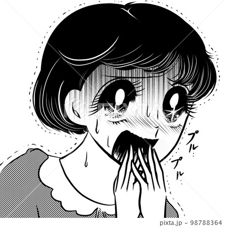 昭和レトロ70年代白黒ペン画少女漫画ゾッとして怯える黒髪の女の子達のホラーイラスト透過背景 98788364