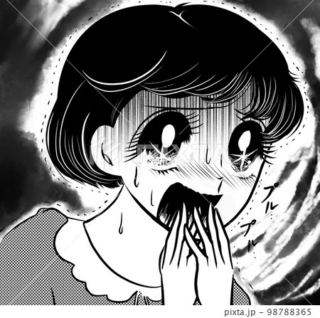 昭和レトロ70年代白黒ペン画少女漫画ゾッとして怯える黒髪の女の子達のホラーイラスト暗雲透過背景 98788365