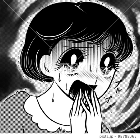 昭和レトロ70年代白黒ペン画少女漫画ゾッとして怯える黒髪の女の子達のホラーイラスト暗雲透過背景 98788365