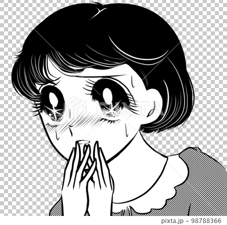 昭和レトロ70年代白黒ペン画少女漫画ゾッとして怯える黒髪の女の子達のホラーイラスト透過背景 98788366