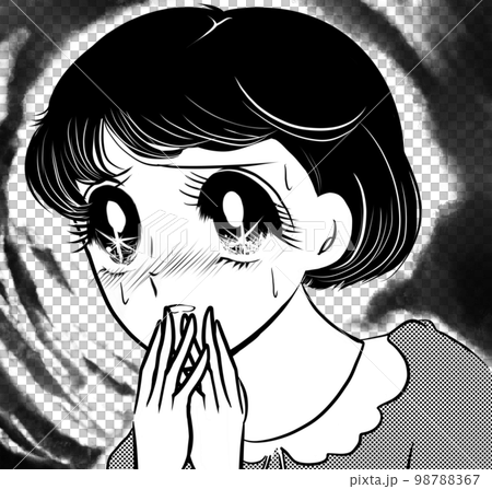 Showa Retro 70s Black and White Pen Drawing Girl Cartoon Horror Illustration of Scared Black-Haired Girls Dark Clouds Transparent Background 98788367