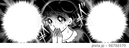 昭和レトロ70年代白黒ペン画少女漫画ゾッとして怯える黒髪の女の子達のホラーワイドイラスト暗雲透過背景 98788370