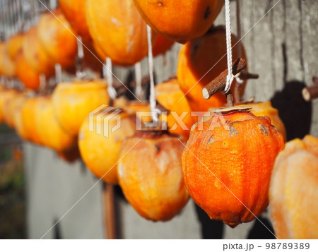 秋の風物詩、軒先に吊るされた吊るし柿 秋の風物詩、軒先に吊るされた吊るし柿 98789389