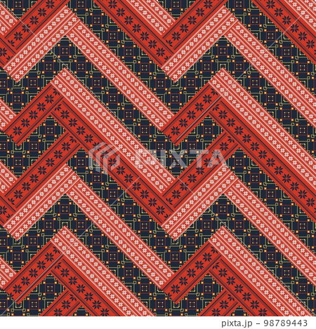 Seamless pattern in Ukrainian style. Ukrainian ornament embroidery. Cross stitch, patchwork. Kitsugi pattern 98789443