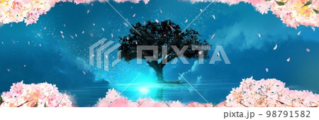 海面に聳え立つ木のシルエットと桜満開フレームの神秘的なファンタジー背景イラストワイドサイズ 98791582