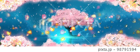 海面に聳え立つ桜満開の桜の木と花吹雪が海面に反射した神秘的なファンタジー背景イラストワイドサイズ 海面に聳え立つ桜満開の桜の木と花吹雪が海面に反射した神秘的なファンタジー背景イラストワイドサイズ 98791594