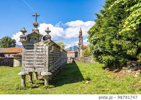 The long and narrow grain store, horreo at Carnota in Galicia, Spain. 98791747