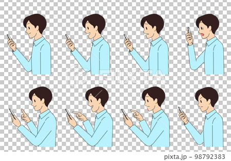 A set of facial expressions for a man who sees and operates a smartphone screen A set of facial expressions for a man who sees and operates a smartphone screen 98792383
