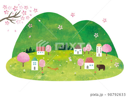 草原と家と桜の山と動物達の自然風景水彩 草原と家と桜の山と動物達の自然風景水彩 98792633