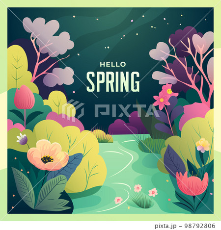 Spring poster with flowers, plants and river. Botanical vector banner. Collection garden and wild foliage, flowers, branches Spring poster with flowers, plants and river. Botanical vector banner. Collection garden and wild foliage, flowers, branches 98792806