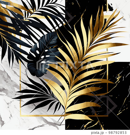 Golden palm leaves on white and black marble background, template, postcard - Vector Golden palm leaves on white and black marble background, template, postcard - Vector 98792853