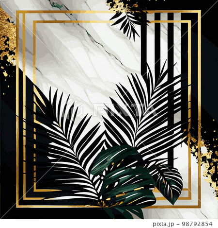 Golden palm leaves on white and black marble background, template, postcard - Vector 98792854