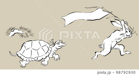 鳥獣戯画風のウサギとカメ・セピア色背景のイラスト素材 [98792930
