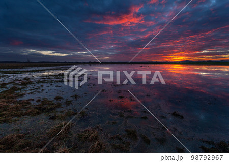 Colorful clouds during sunset over the backwaters, Czulczyce, Poland Colorful clouds during sunset over the backwaters, Czulczyce, Poland 98792967