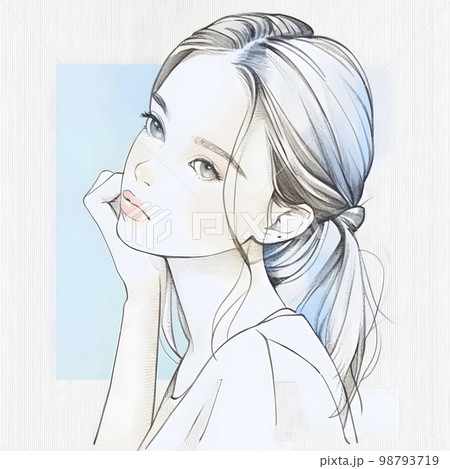 頬杖をつく女性の水彩画イラスト「AI生成画像」 98793719