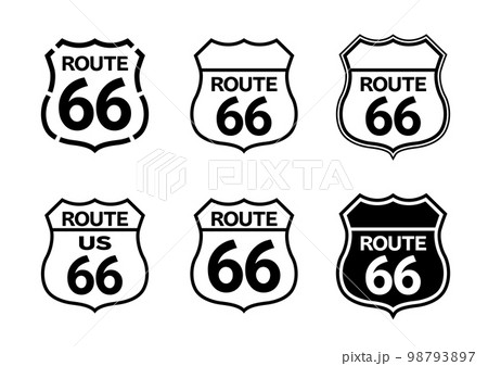 ルート66の標識看板 モノクロアイコンセットのイラスト素材 [98793897