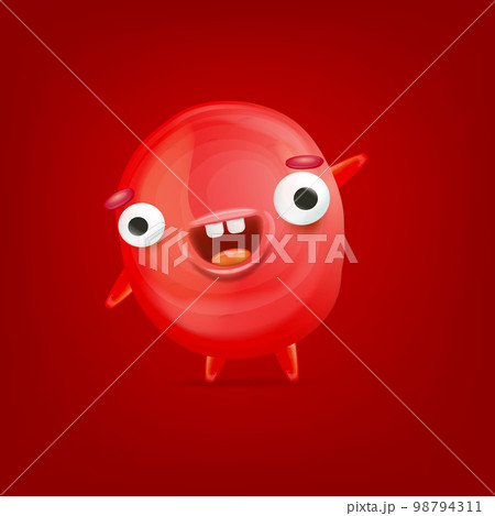 Vector cartoon funny red christmas monster isolated on red background. Smiling silly red monster print sticker design template. Cute Ghost, troll, gremlin, goblin, devil and halloween monster Vector cartoon funny red christmas monster isolated on red background. Smiling silly red monster print sticker design template. Cute Ghost, troll, gremlin, goblin, devil and halloween monster 98794311