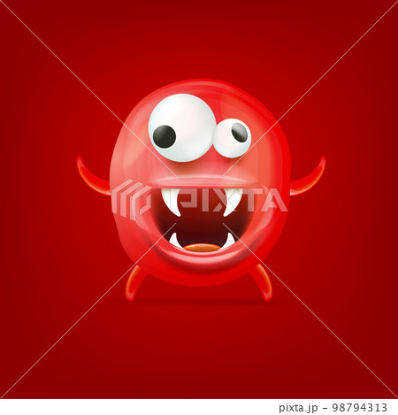 Vector cartoon funny red christmas monster isolated on red background. Smiling silly red monster print sticker design template. Cute Ghost, troll, gremlin, goblin, devil and halloween monster Vector cartoon funny red christmas monster isolated on red background. Smiling silly red monster print sticker design template. Cute Ghost, troll, gremlin, goblin, devil and halloween monster 98794313