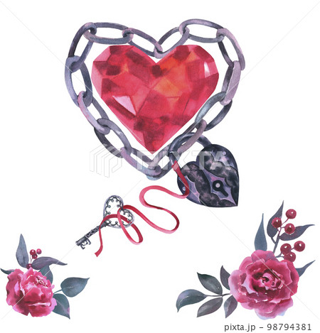 Watercolor illustration of heart shaped chain, ruby crystal in red colored gemstone with lock and key on ribbon, and bouquet flowers. 98794381