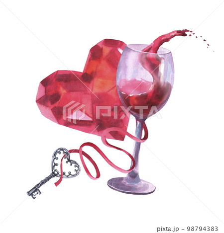 Watercolor illustration glass with red wine splash, heart diamond crystal in pink colored gemstone and key on ribbon, on white background with splush. 98794383