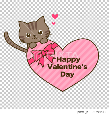 バレンタインのハートチョコとひょっこりキジトラ猫のイラスト素材